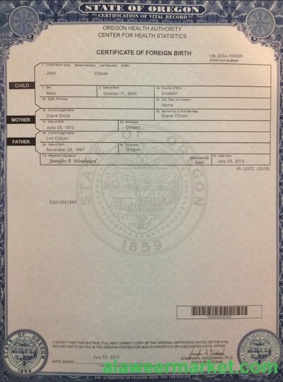 USA Oregon birth cert